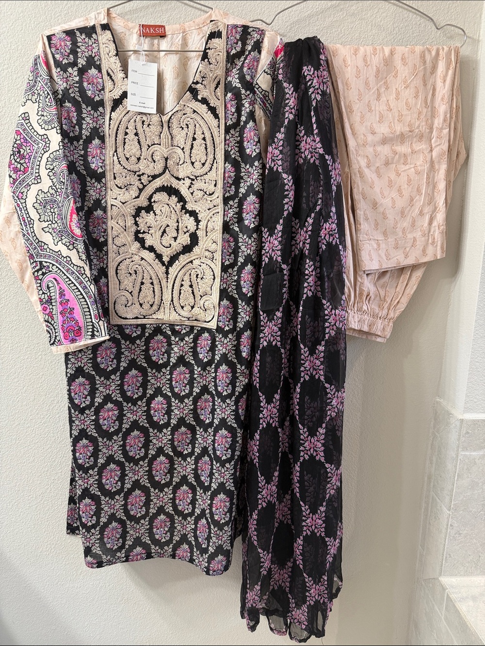 NAKSH Indian Pakistani lawn Black & Pink Embroidered Women’s Kurta Set